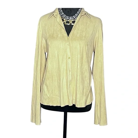 VINTAGE MAXSTUDIO Faux Suede 90s Y2K Beige Chamois Flare Sleeve Blouse SZ: L - Picture 1 of 10